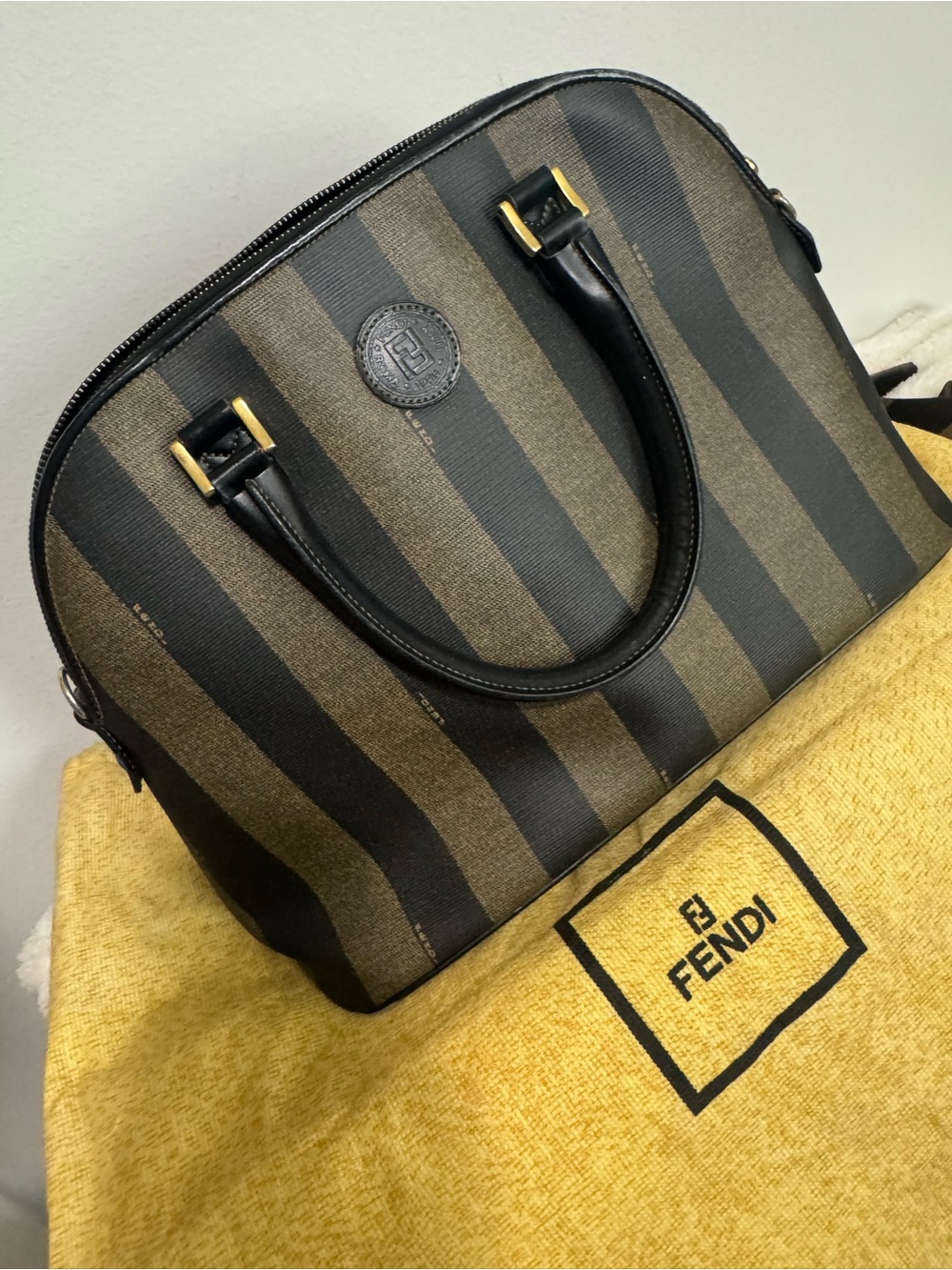 Fendi Piquan Satchel in Black and Brown Canvas with Gold Hardware vintage